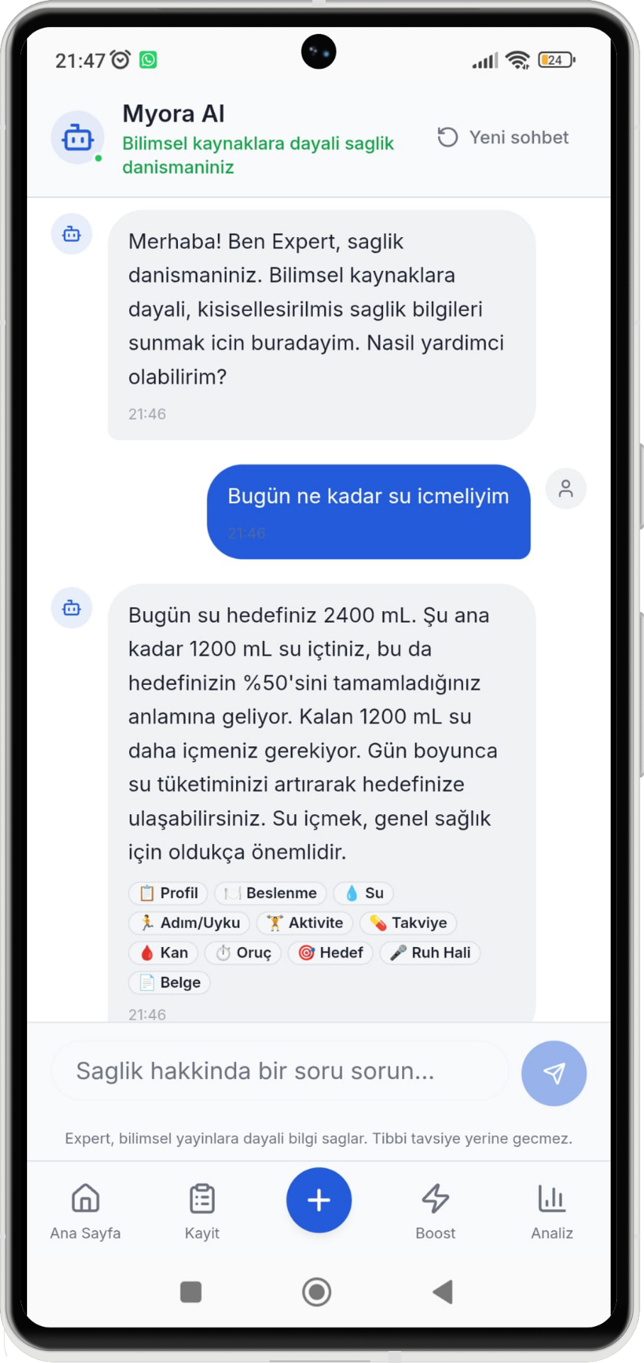 Myora AI sohbet ekranı